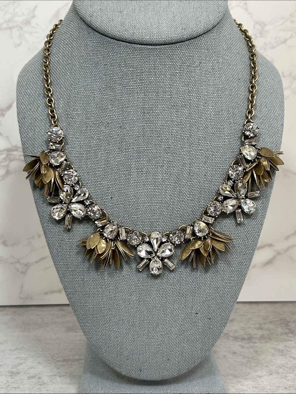 J. Crew Antique Gold and Clear Crystal Floral Necklace